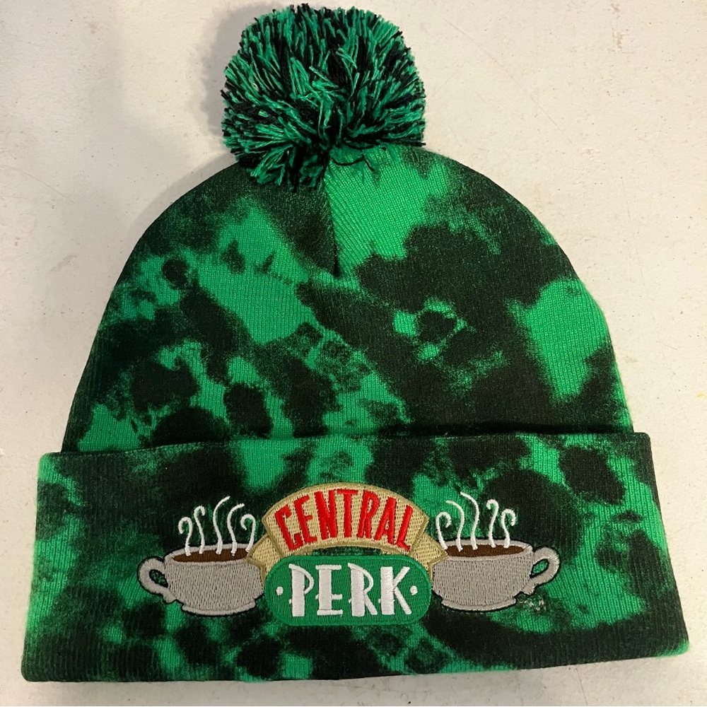 Friends TV Show Central Perk Tie Dye Pom Beanie Hat Green Black Warner Bros"